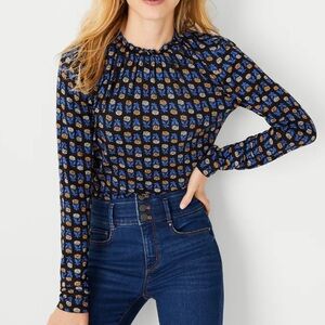 NWT Ann Taylor Floral Print Modal Blouse Black Blue Gold Sz L Pullover New